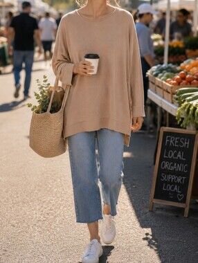 NWT Apricot Beige Ribbed Knit Tunic Sweater Top Oversized Dolman Sleeve